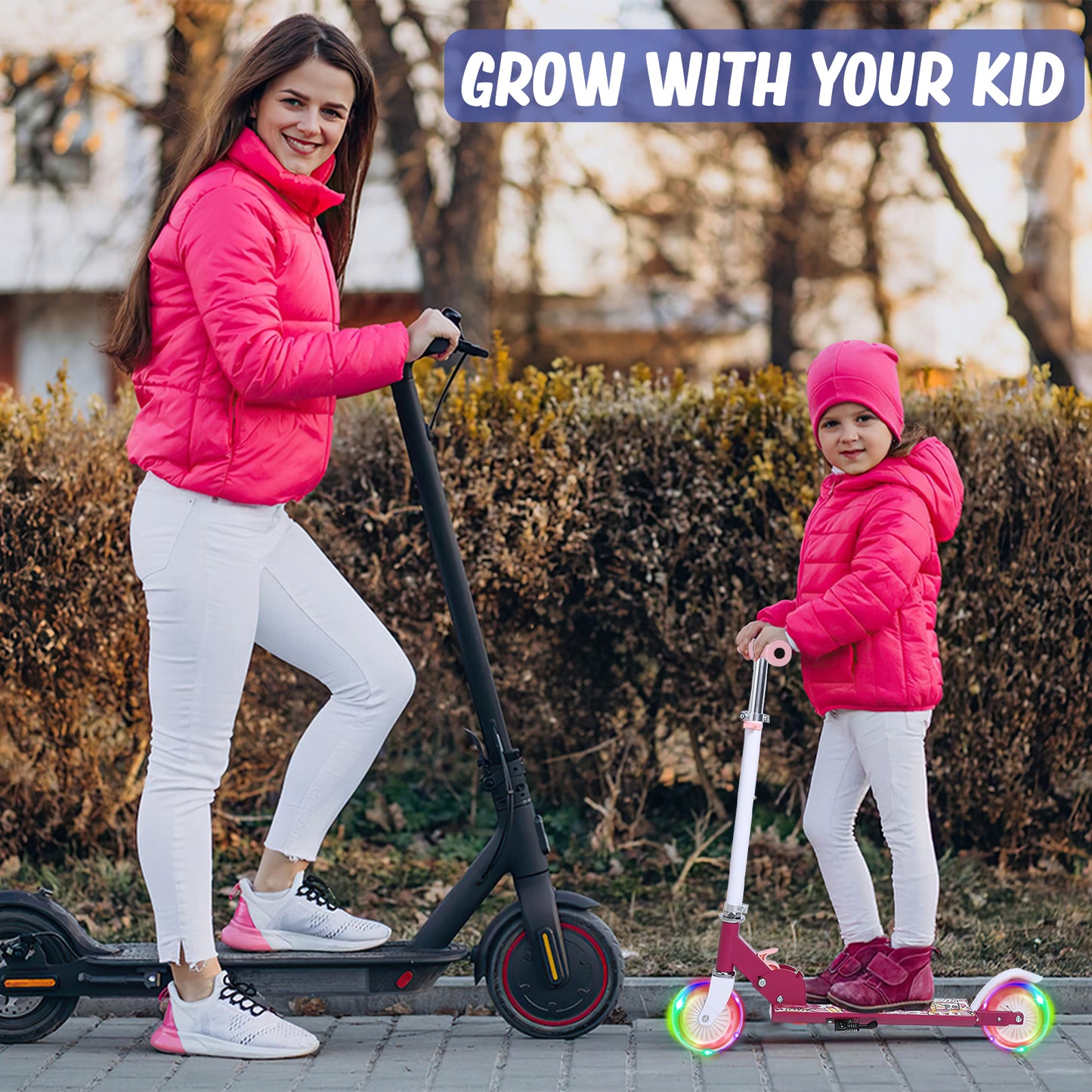 Scooters for Kids, 2 Wheel Folding Kick Scooter for Girls Boys, 3 Adjustable Height, Light Up Wheels, Pink Lightweight Scooter with Sturdy Frame, Kickstand for Children 3 to 10 Years Old