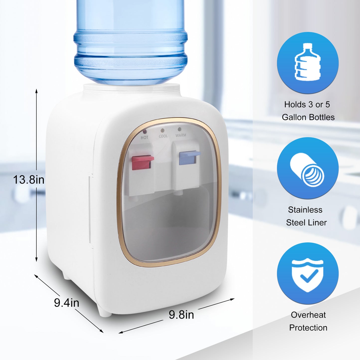 Top Loading Water Cooler Dispenser, Hot & Cold Water, 13.8'' Countertop Water Cooler Dispenser, Holds 3 or 5 Gallon