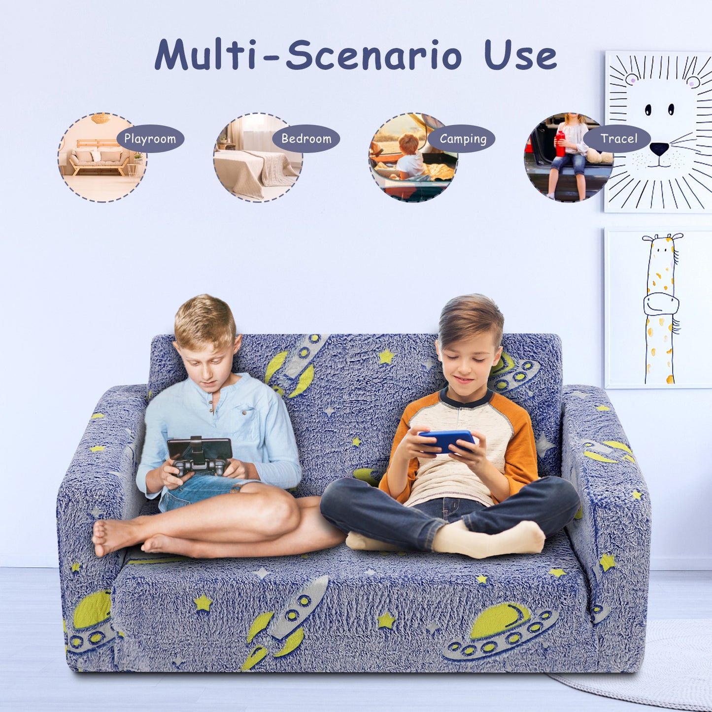 Toddler Couch, Toddler Chair Folding, Kids Couch 2 In 1, Kids Sofa for Playroom-Extra Soft 2 Seats, Glow In The Dark Open Couch, Gifts For Kids, Sleeper For Girls Boys,Blue