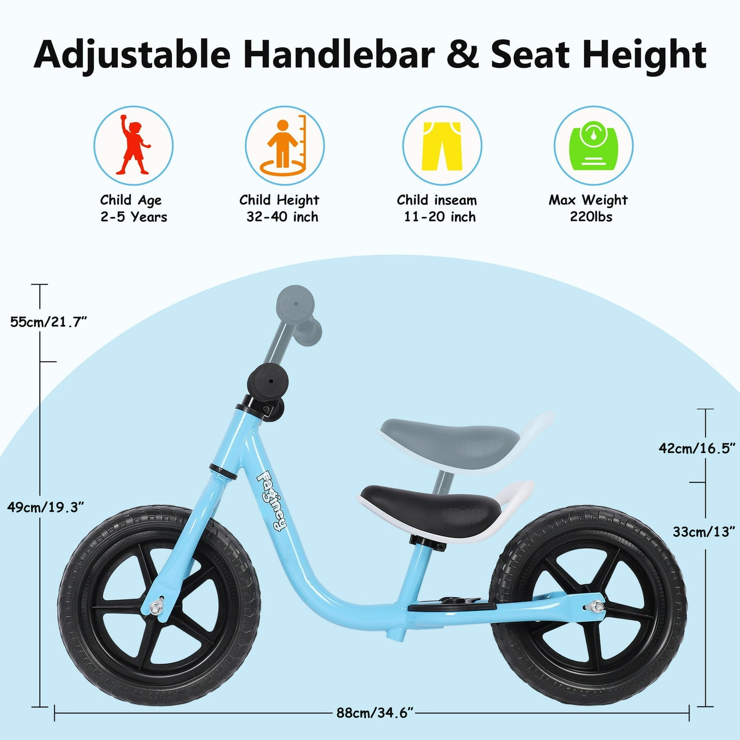 12-Inch Balance Bike No Pedal Lightweight Bike for Boys Girls 1.5 to 4 Years Old, Toddler Bike with Adjustable Seat, Carry Handle