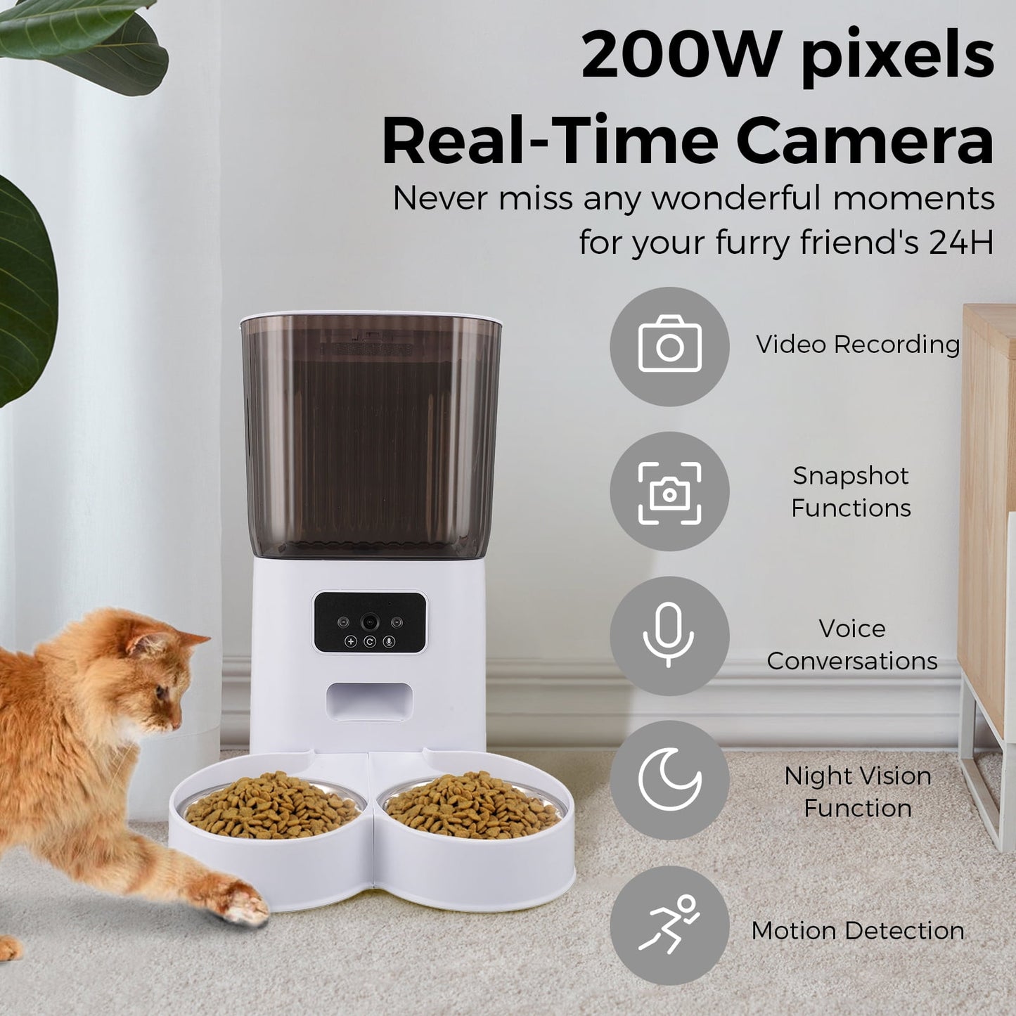 Smart Camera Automatic Cat Feeder for 2 Cats, 5L Food Dispenser with 2 Stainless Steel Bowl,Timed Programmable 1-6 Meals Control, Dual Power Supply,10s Meal Call, APP Control