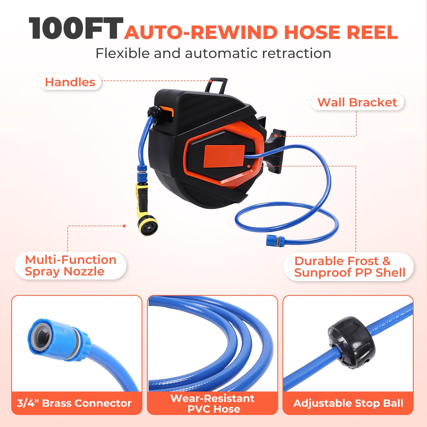Retractable Garden Hose Reel 5/8 In X 100 Ft Automatic Wall Mounted Water Hose With 10 Pattern Nozzle Any Length Lock Slow Retraction 180 Swivel