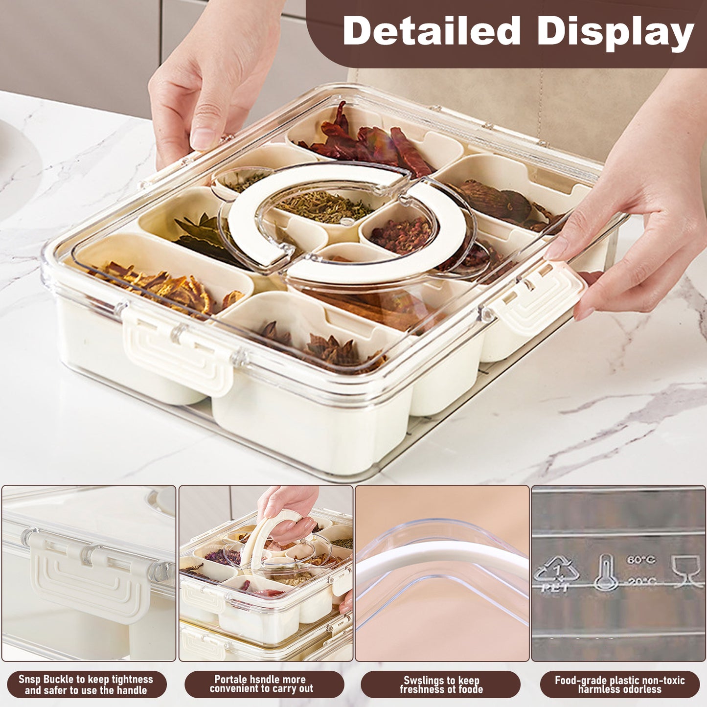 8 Compartments Divided Serving Tray with Lid and Handle Portable Snack Platters Organizer Snackle Box for Fruit, Snack, Nuts, Candy, Seasoning, Party and Travel