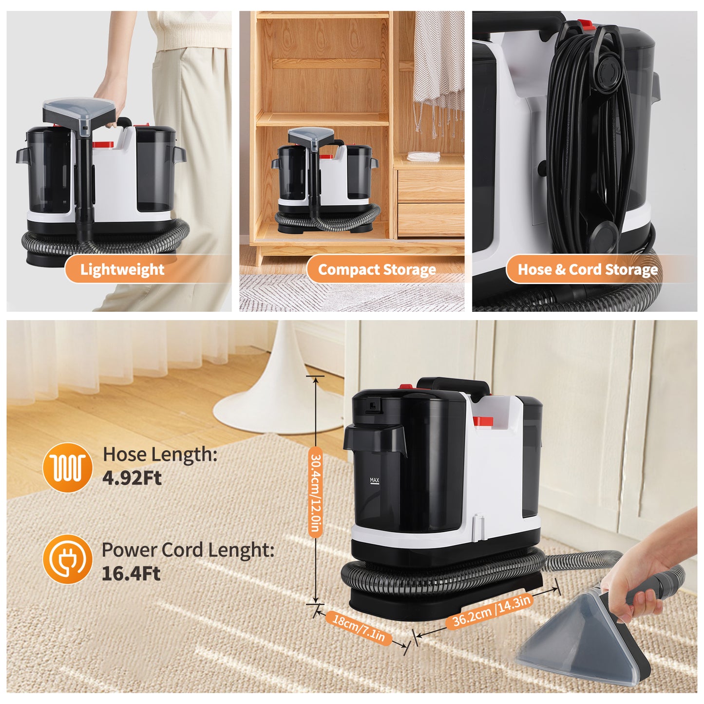 Portable Carpet & Upholstery Cleaner Machine with Spot, Stain, & Odor Eliminator, 500W 14Kpa Strong Suction with Versatile Tools, Perfect for Pets, Carpet, Area Rugs, Couches, Car Seat