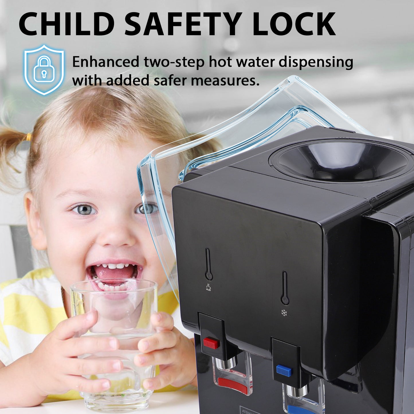 Top Loading Countertop Water Cooler Dispenser, Hot & Cold Water Temperature with Child Safety Lock, Holds 3 or 5 Gallon Bottle,Office Use,Black