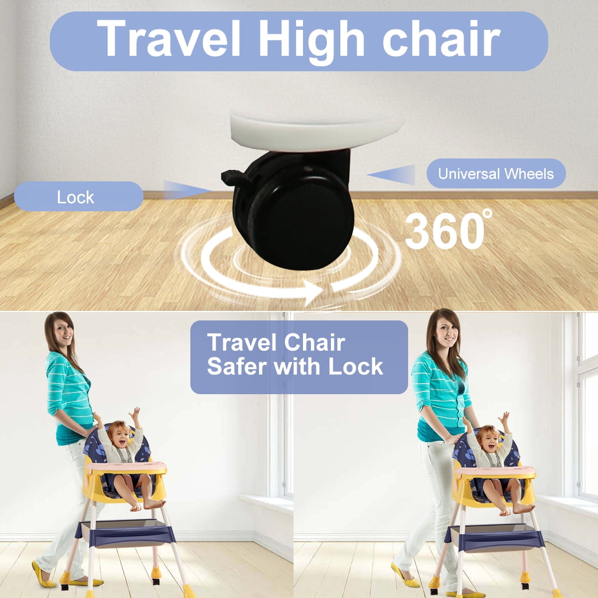 4-in-1 Baby High Chair, Convertible High Chair for Babies and Toddlers, Portable Folding Dining Chairs Eat & Play with Five-Point Harness, Double-Layer Dinner Plate, Toy Rack, Spoon, Fork, Bowl