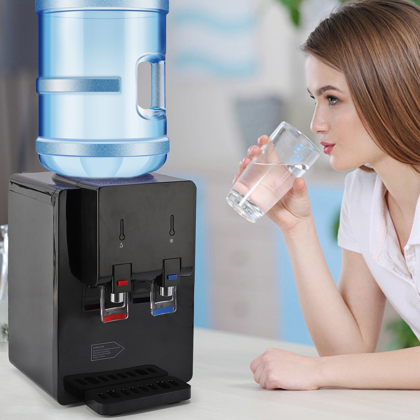 Top Loading Countertop Water Cooler Dispenser, Hot & Cold Water Temperature with Child Safety Lock, Holds 3 or 5 Gallon Bottle,Office Use,Black
