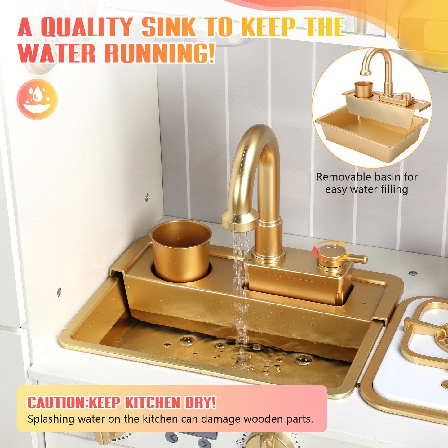 Wooden Kids Kitchen Playset with Running Water Lights & Sound, Play Kitchen Pretend Play Toy Set for Toddler 3-6 Years Boy and Girl