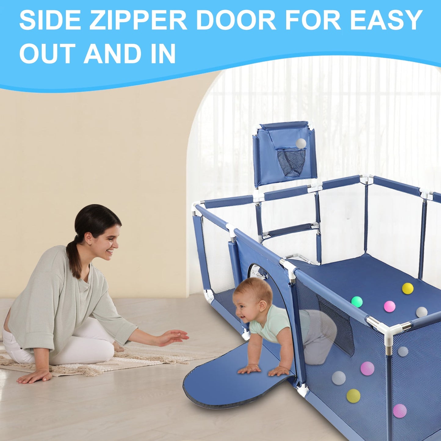 Extra Large Playpen for Toddlers, 71 inch Baby Playpen with Basketball Hoop, No Gap Kids Playpen Fence Play Area with Door/Soccer Net, Ball Pits for Toddlers, Infant Safety Gates(No Balls)