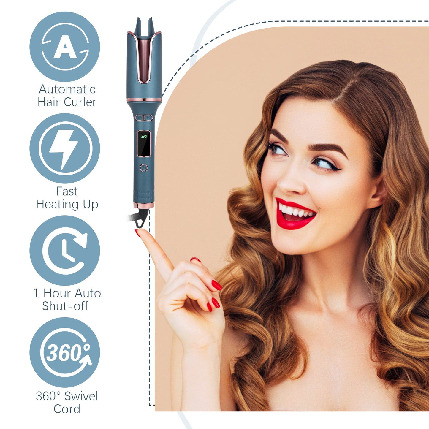 Auto Curling Iron, Automatic Hair Curler with 4 Adjustable Temperature, 1 inch Rotating Curling Wand for Long Hair, Fast Heating Anti-Scald and Auto Shut-Off Hair Waver for Professional Hair Styling