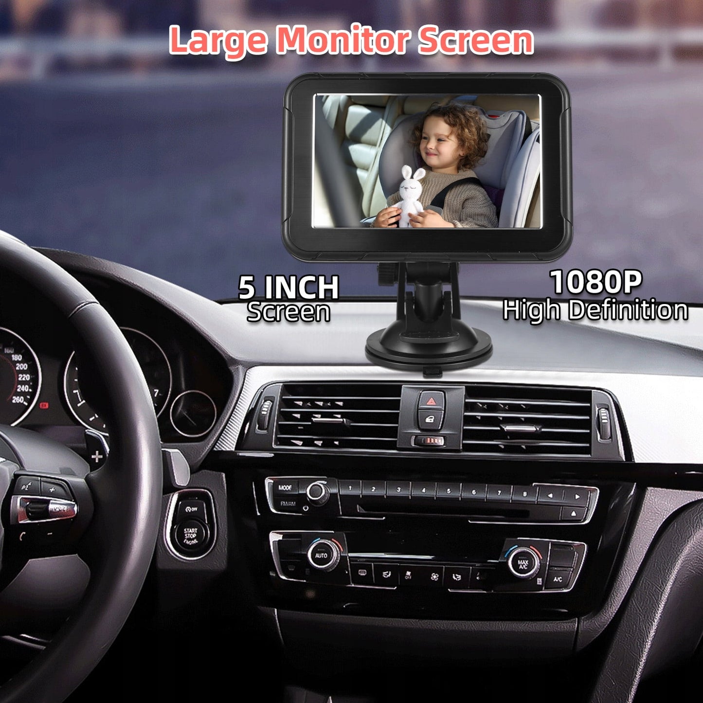 1080P Baby Car Camera Baby Car Monitor Backseat Camera for Kids 5-inch Mirror Display 360°Rotation 150°Wide Angle Support Night Vision with Car Charger Camera Bracket