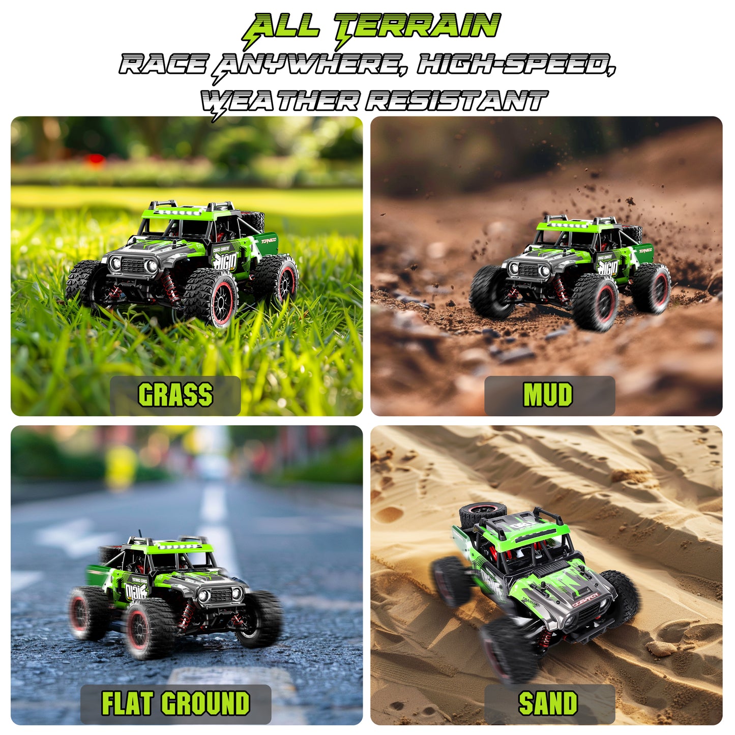 RC Cars 1:14 4WD High Speed Remote Control Truck 60+km/h Fast All Terrain Off Road RC Truck Toy Gifts for Kids Adults, 2 Batteries