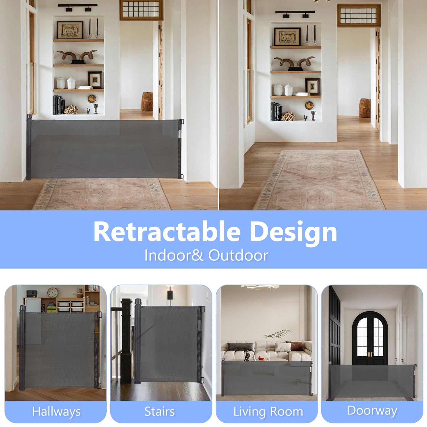 Retractable Baby Gate 35"x138" Extra Wide Mesh Dog Gate Child Safety Gate for Doorways, Indoor Outdoor Stairs, Black