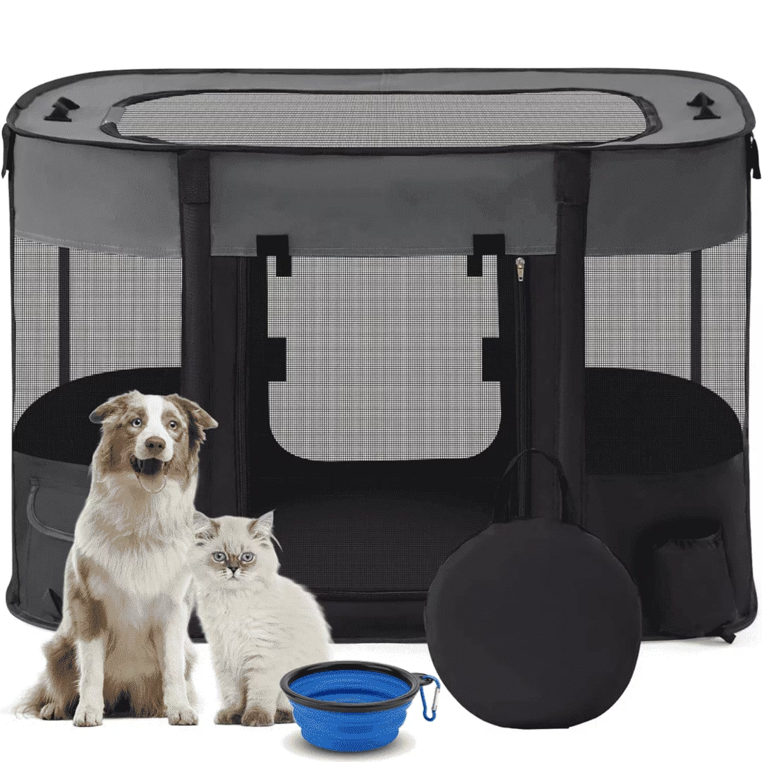 Pet Dog Cat Playpen, Foldable Cat Cage Kennel, Portable Puppy Crate for Indoor Outdoor Travel Camping Use, Black Dog Kennel Tent for Rabbit Small Animals with Carrying Case and Silicone Bowl, L
