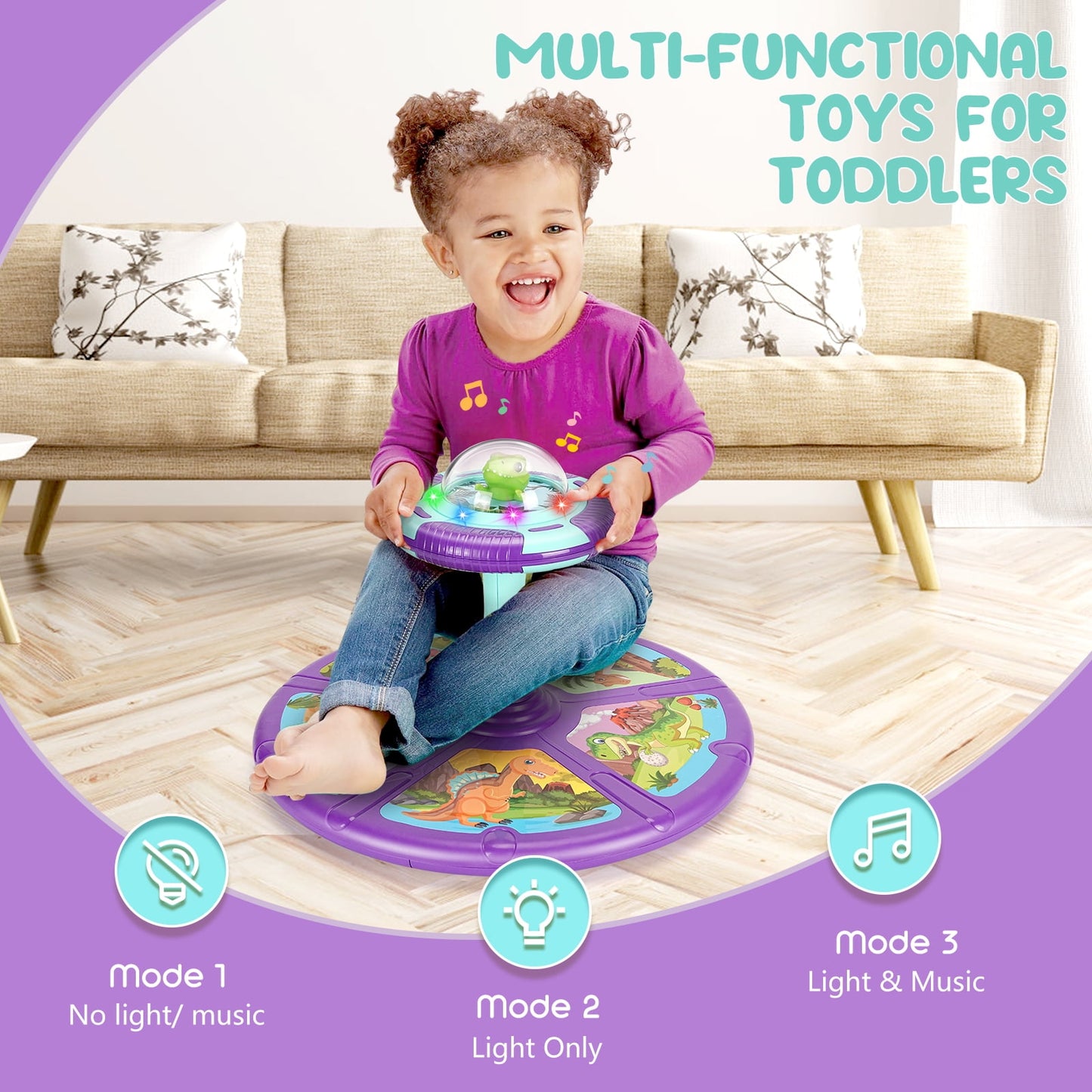 Dinosaur Sit and Spin Toys for Toddler Boys Age 1 2 3 with LED & Music, Birthday Christmas Gift for Boy Girl Age 2-4, 18+ Months