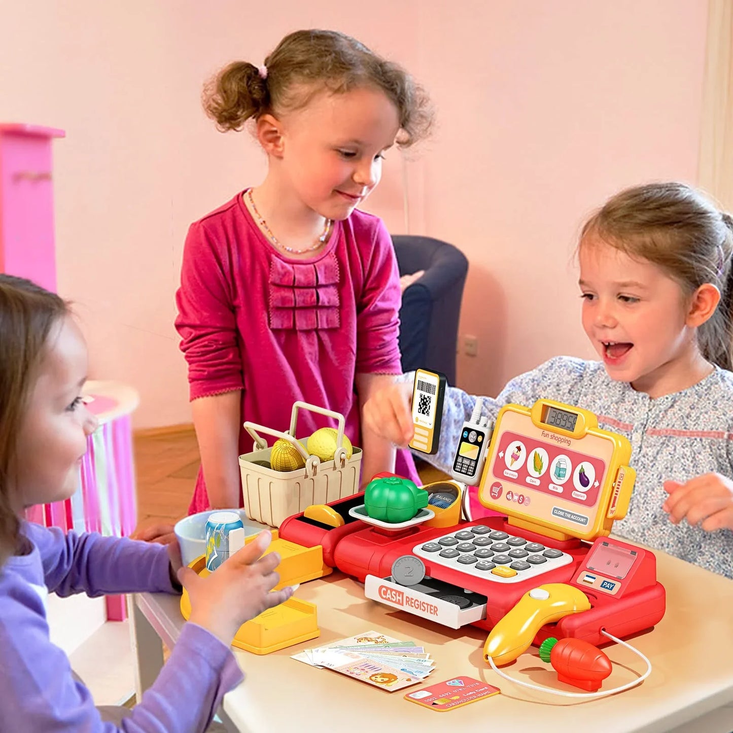 Toy Cash Register for Kids with Calculator, Light and Sound Scanner, Microphone, Pretend Play Shopping Food Toys - Cashier Playset Gifts for Ages 3-10