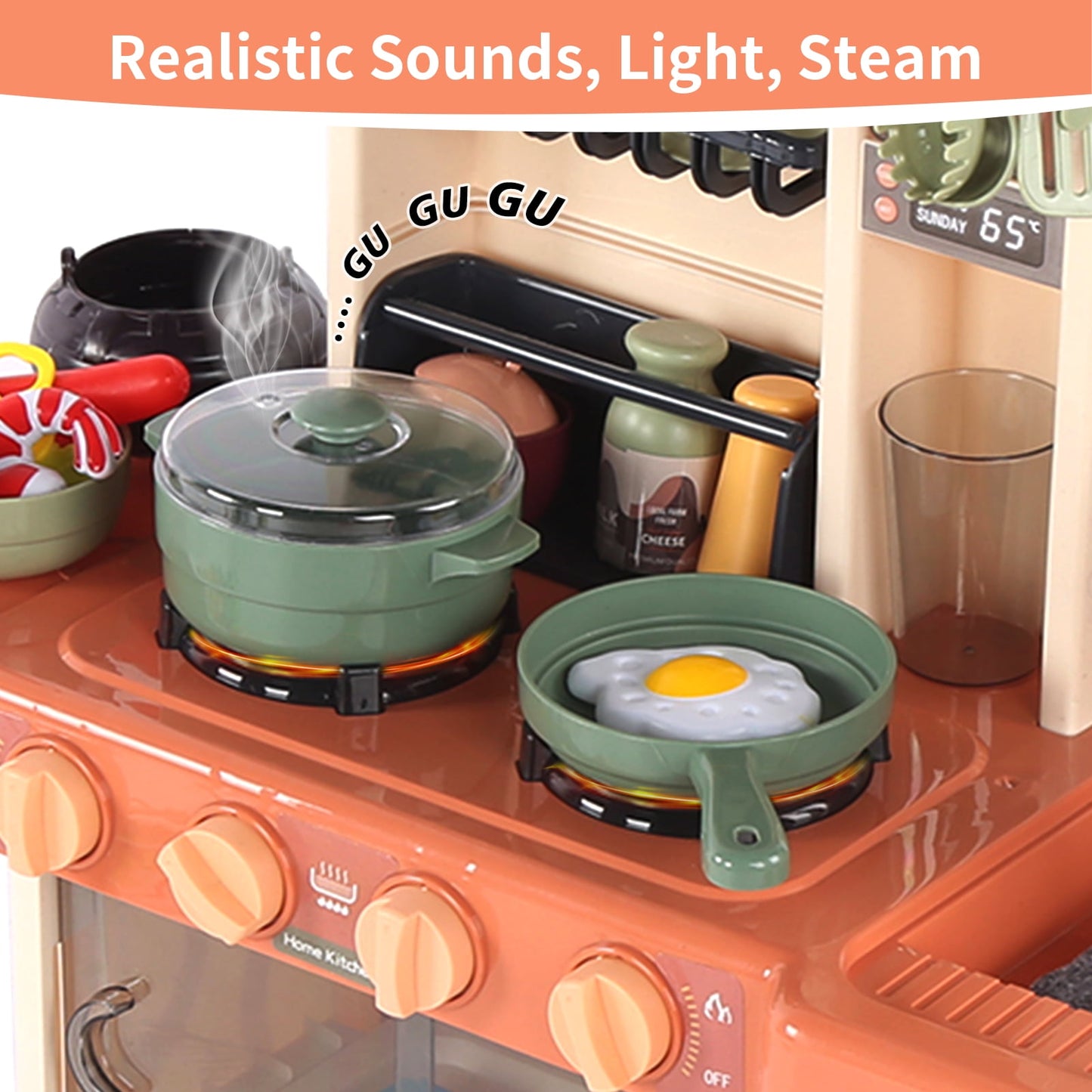 Play Kitchen Set for Kids, 65pcs 28Inch Tall Toy Pretend Play Kitchen w/ Realistic Lights Sounds Simulation Spray for Toddlers Girls Boys Gift
