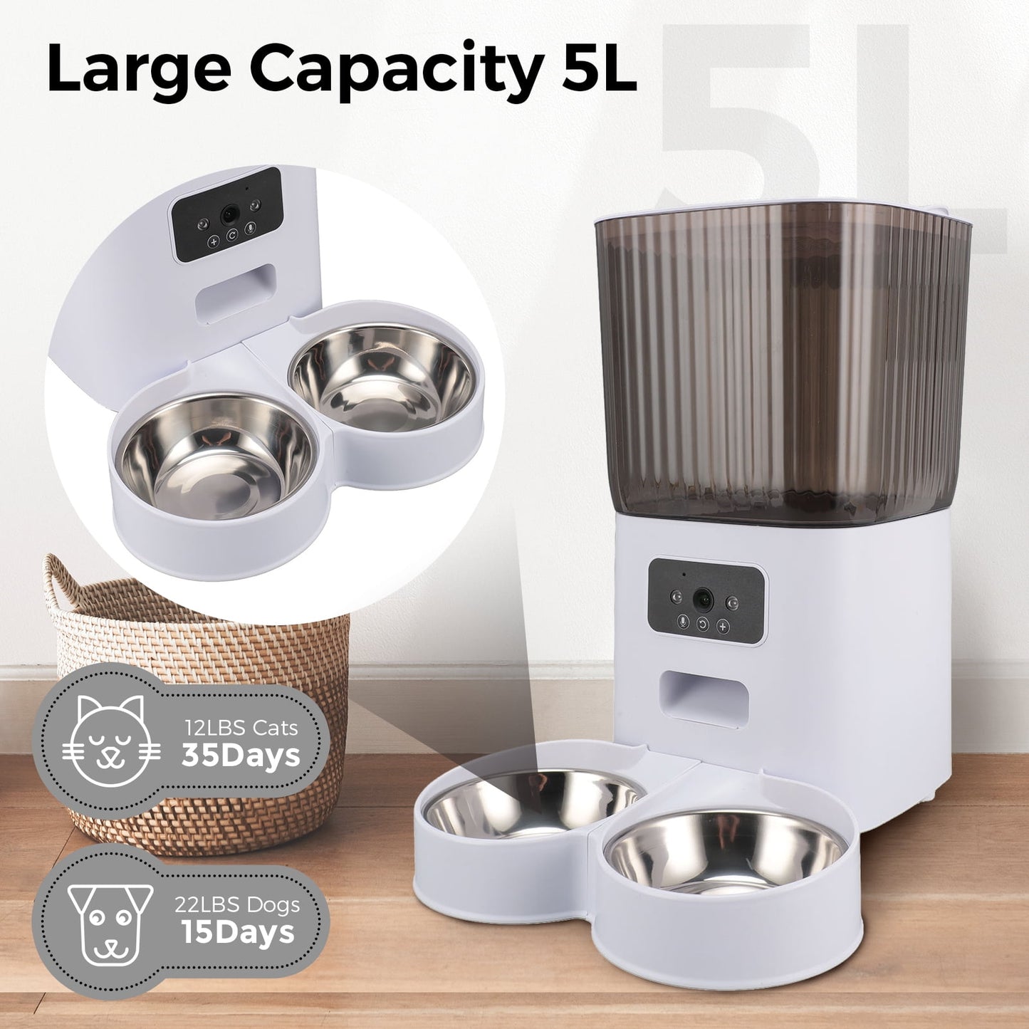 Smart Camera Automatic Cat Feeder for 2 Cats, 5L Food Dispenser with 2 Stainless Steel Bowl,Timed Programmable 1-6 Meals Control, Dual Power Supply,10s Meal Call, APP Control