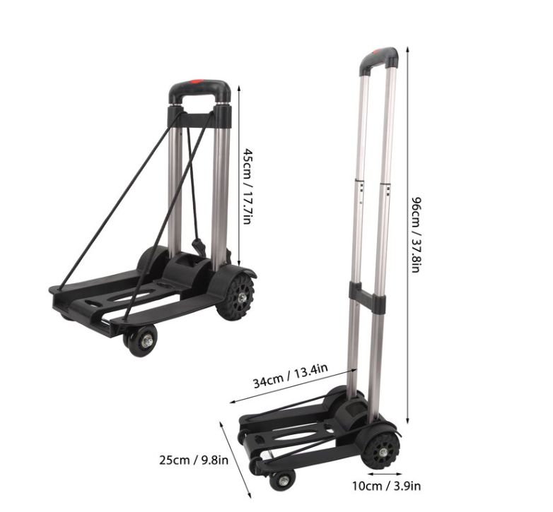 Folding Hand Truck Iron Tube Pull Rod Folding Cart Expandable Foldable Trolley Dolly With 4 Wheels Portable Luggage Cart For Travel, House, Office, Shopping, Moving Use