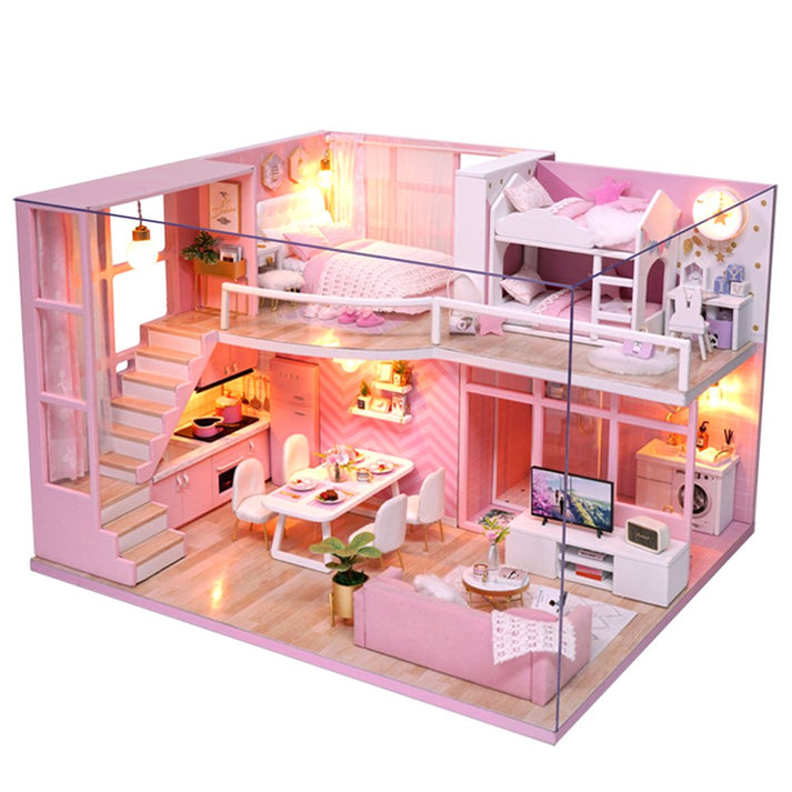 Dollhouse Miniature DIY House Kit Wooden Loft Doll House Apartment Pink Dollhouse Kit for Adults Teens Girls