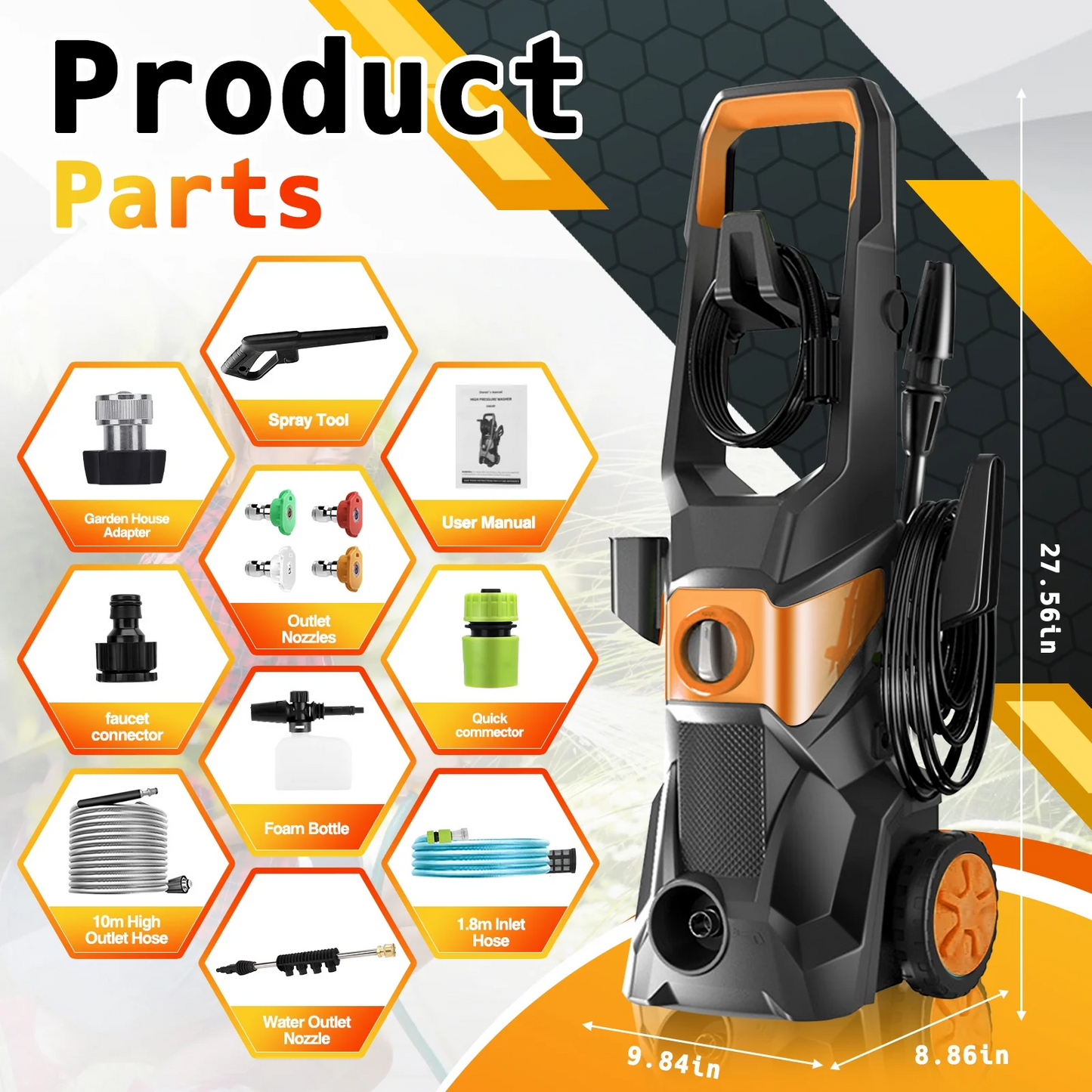 Electric Pressure Washer, 3000PSI Max 2.4 GPM Power Washer with 32 Ft Hose 32 Ft Power Cord, 4 Quick Connect Nozzles, Foam Cannon, Suitable for Clean Cars, Patios, Driveways, Fences, Pool