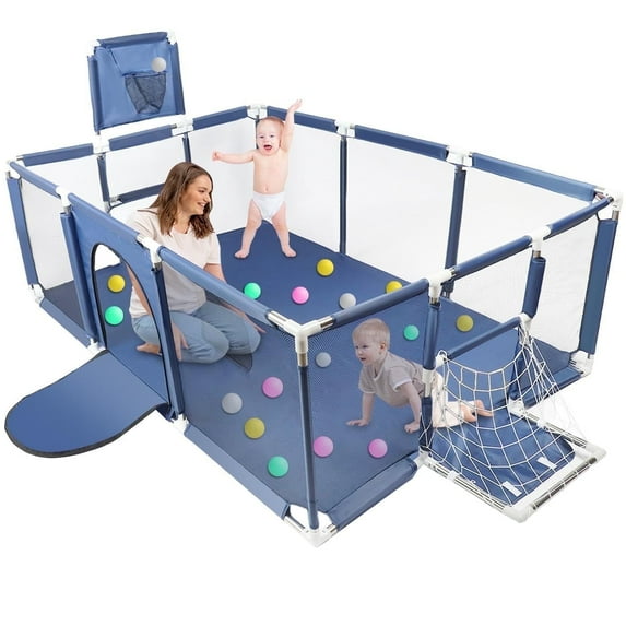 Extra Large Playpen for Toddlers, 71 inch Baby Playpen with Basketball Hoop, No Gap Kids Playpen Fence Play Area with Door/Soccer Net, Ball Pits for Toddlers, Infant Safety Gates(No Balls)
