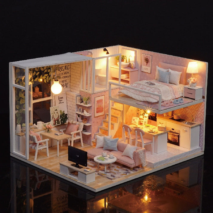 Dollhouse Miniature DIY House Kit Wooden Loft Doll House Apartment Pink Dollhouse Kit for Adults Teens Girls
