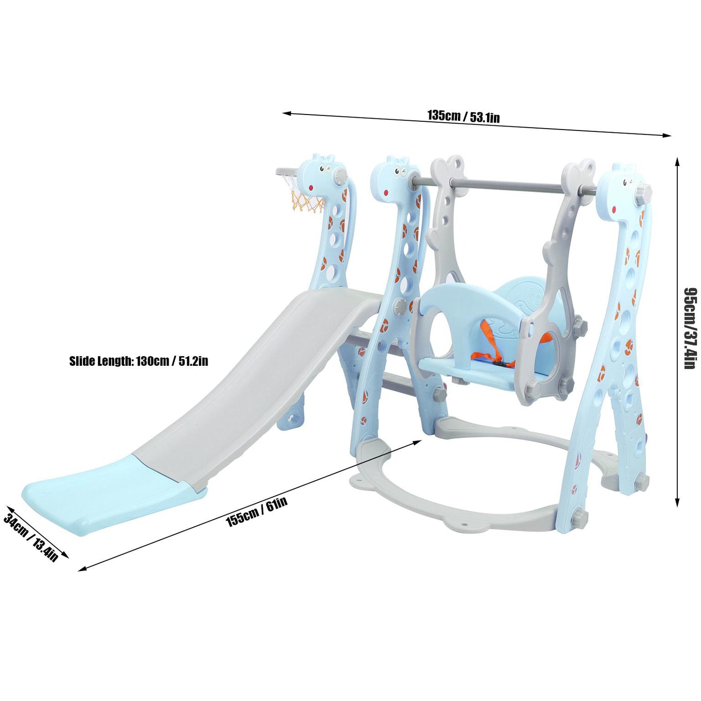 4 in 1 Toddler Swing and Slide Set for Kids Age 1 to 5, Toddler Indoor Playground for Children Baby Swing Set with Swing, Climber, Ball, Basketball Hoop and Long Slide for Boys and Girls, Blue