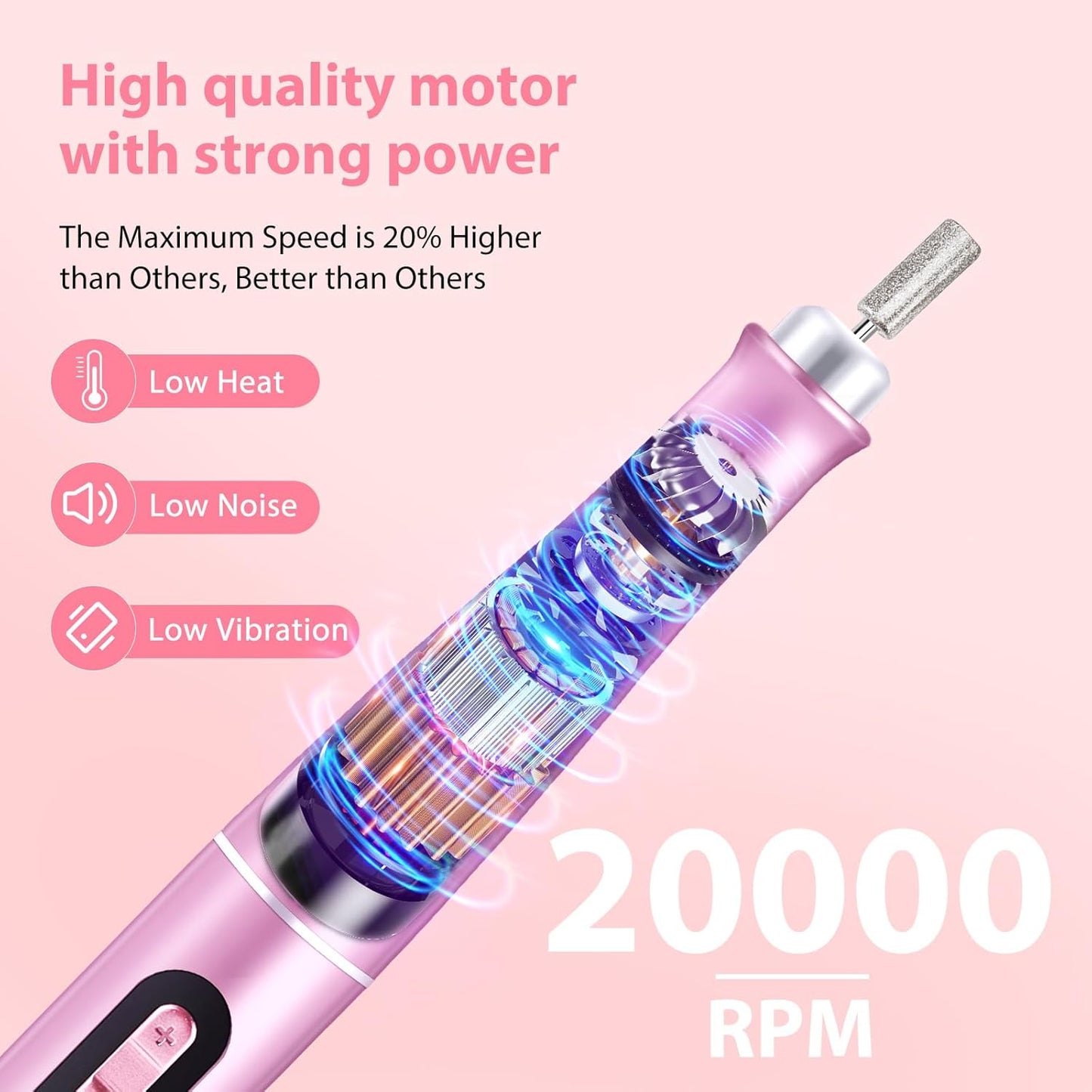 Portable Electric Nail Drill Manicure Pedicure Polishing Shape Tools for Nail Care Beauty Home Salon Use - 35000RPM, Pink