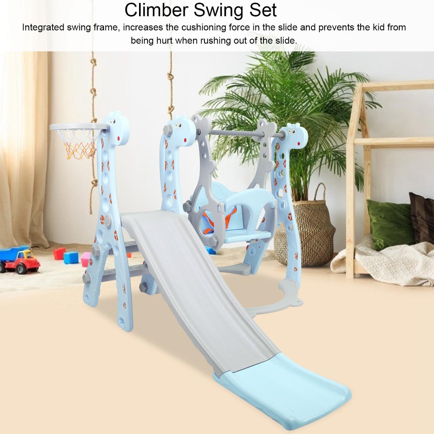 4 in 1 Toddler Swing and Slide Set for Kids Age 1 to 5, Toddler Indoor Playground for Children Baby Swing Set with Swing, Climber, Ball, Basketball Hoop and Long Slide for Boys and Girls, Blue