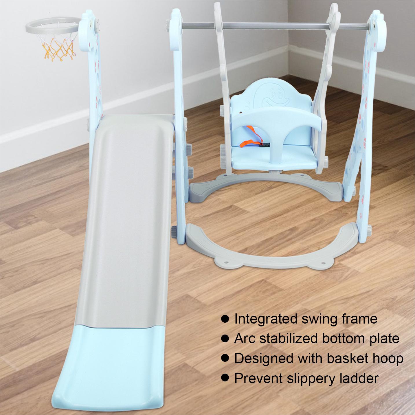 4 in 1 Toddler Swing and Slide Set for Kids Age 1 to 5, Toddler Indoor Playground for Children Baby Swing Set with Swing, Climber, Ball, Basketball Hoop and Long Slide for Boys and Girls, Blue