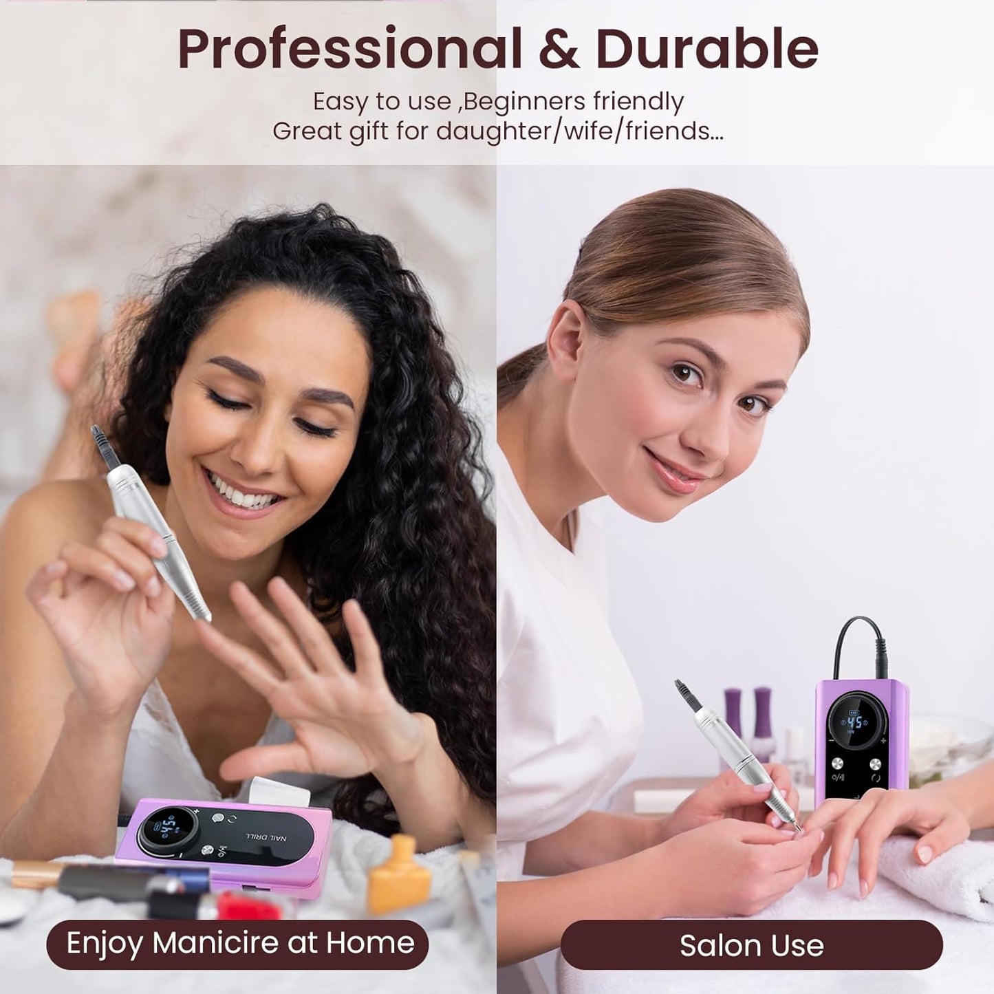 Portable Electric Nail Drill Manicure Pedicure Polishing Shape Tools for Nail Care Beauty Home Salon Use - 45000RPM, Purple