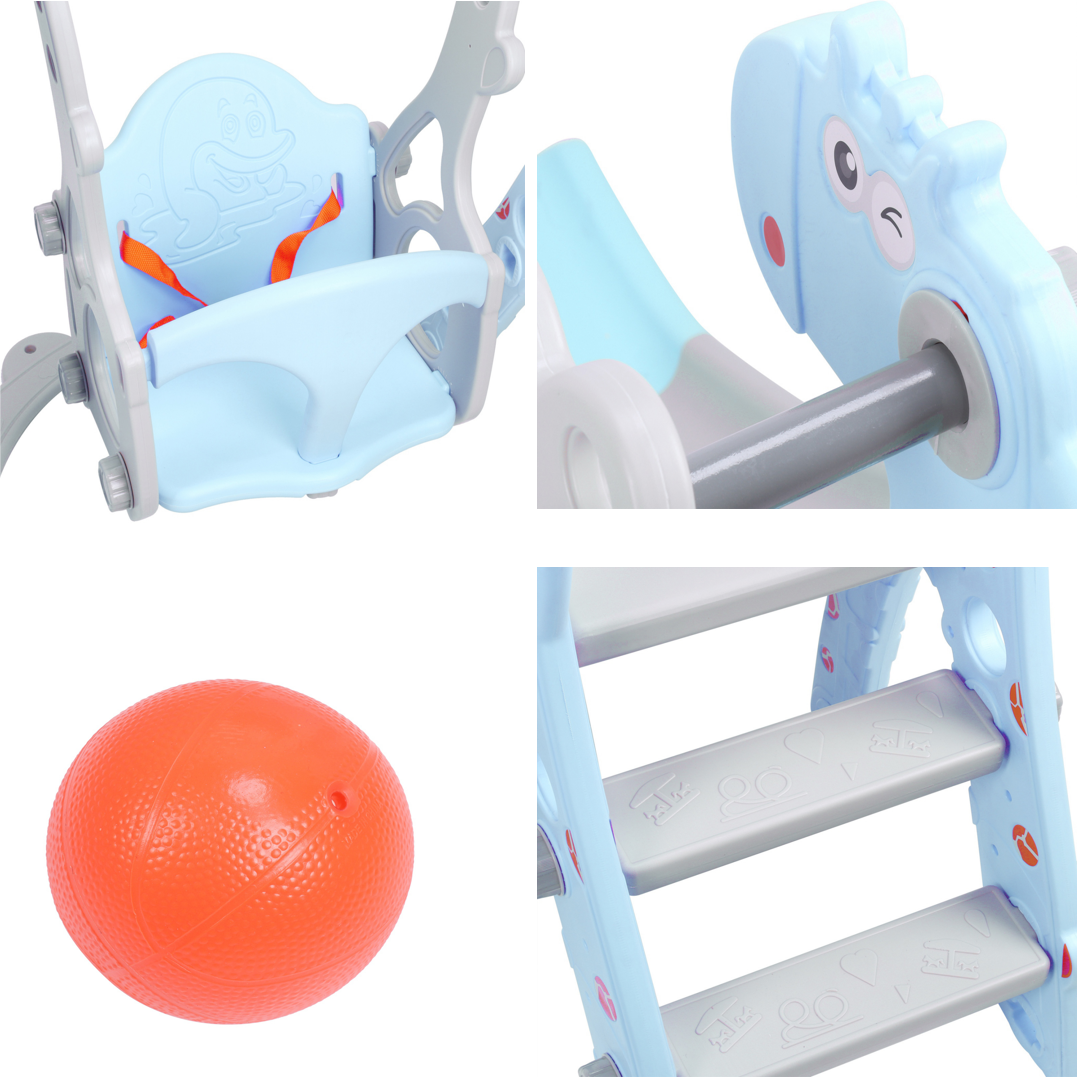 4 in 1 Toddler Swing and Slide Set for Kids Age 1 to 5, Toddler Indoor Playground for Children Baby Swing Set with Swing, Climber, Ball, Basketball Hoop and Long Slide for Boys and Girls, Blue