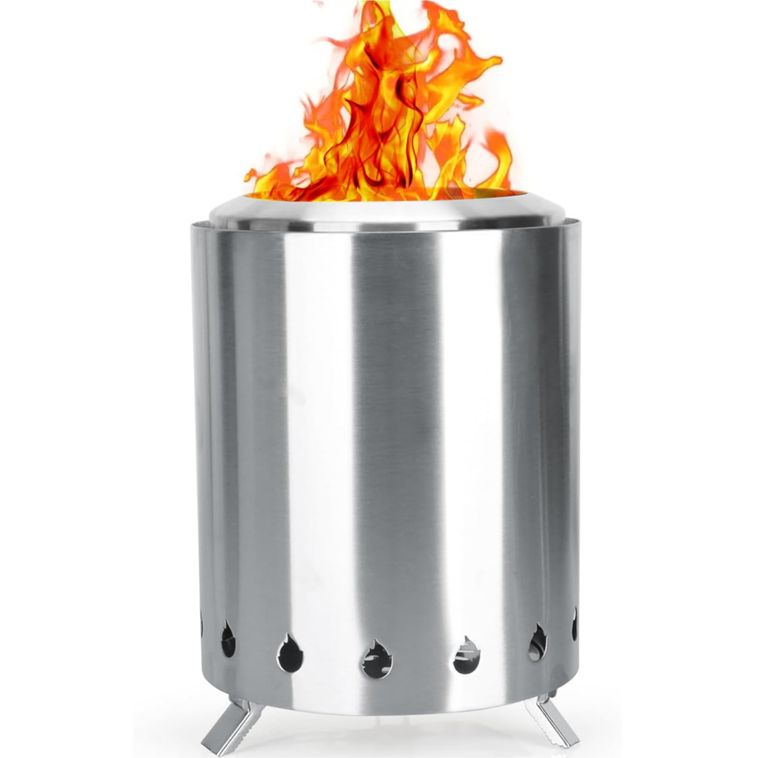 Tabletop Fire Pit with Portable Bag, Portable Smokeless Mini Fire Pit, Wood or Pellets Dual Fuel, Stainless Steel Fire Pit for Camping/Parties/Yard Entertainment, Silver