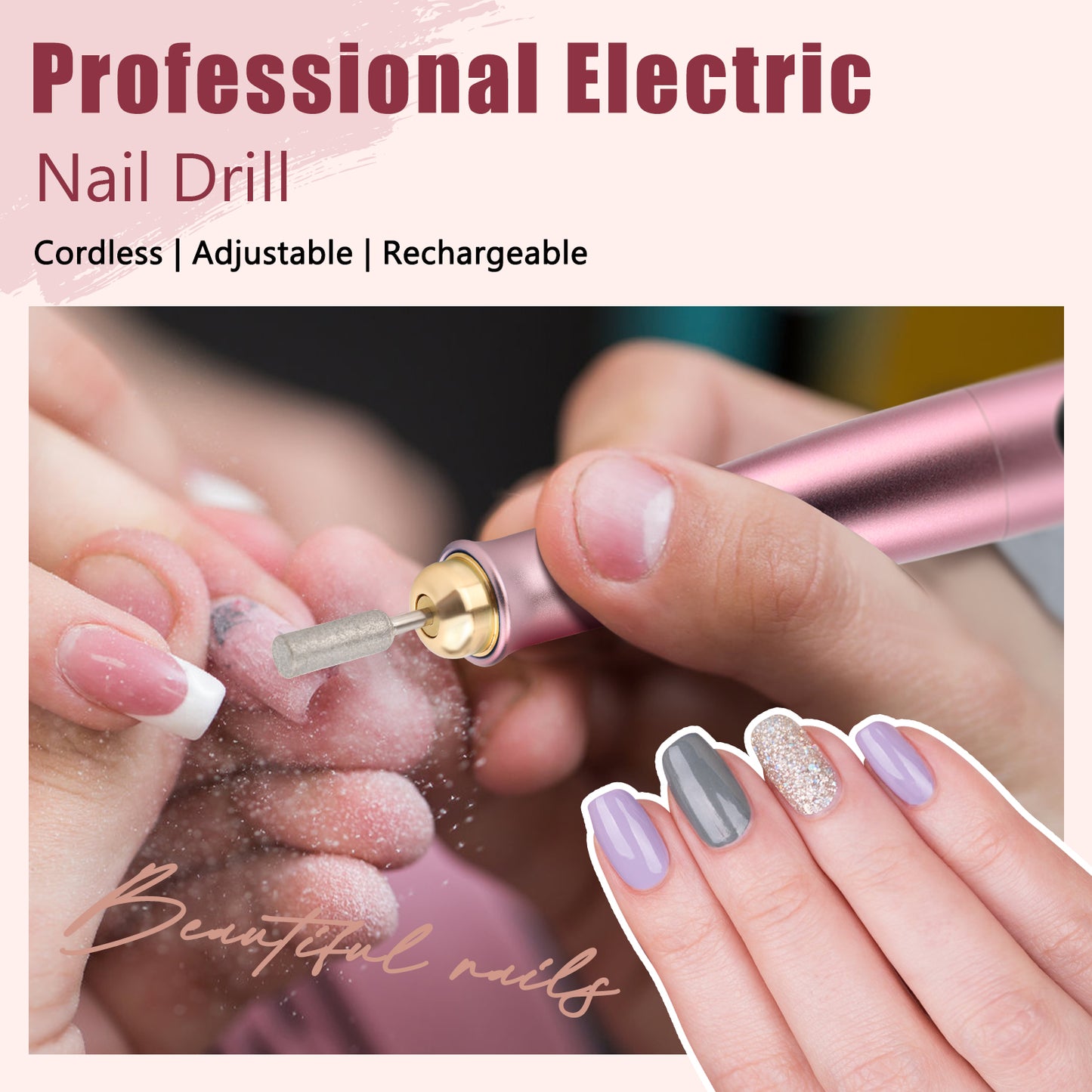Portable Electric Nail Drill Manicure Pedicure Polishing Shape Tools for Nail Care Beauty Home Salon Use - 35000RPM, Pink