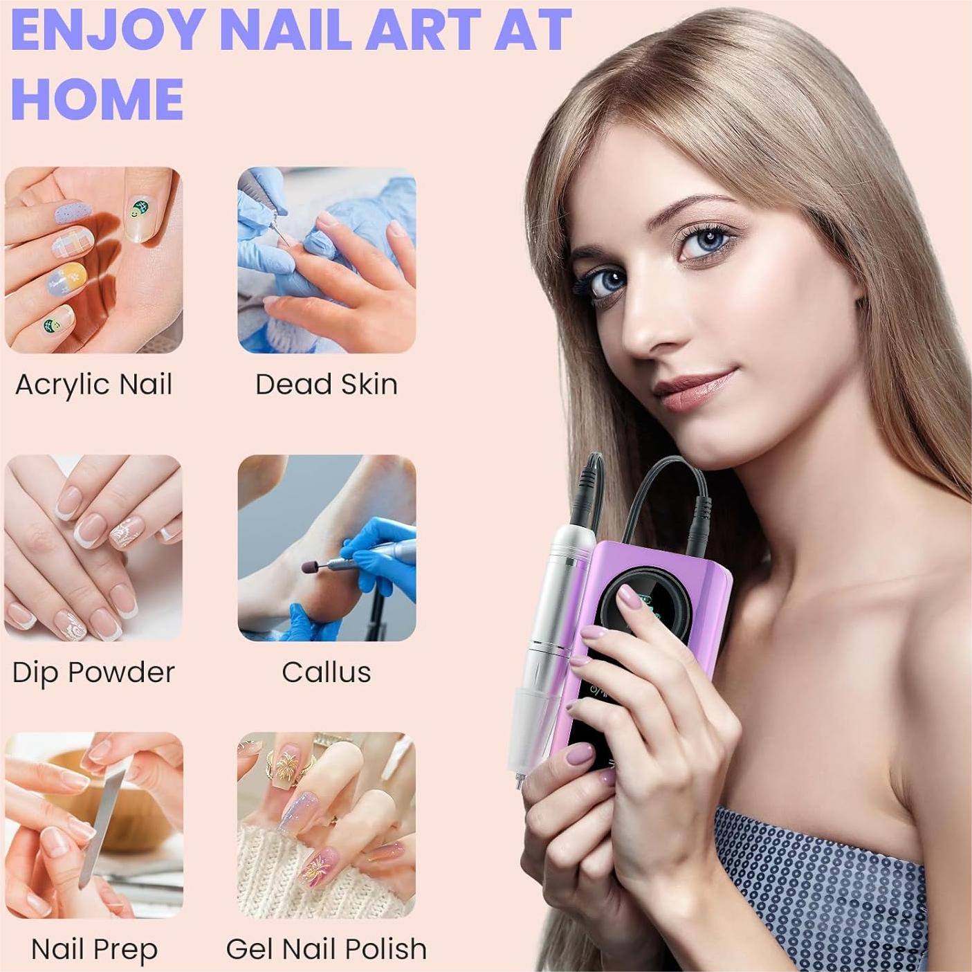 Portable Electric Nail Drill Manicure Pedicure Polishing Shape Tools for Nail Care Beauty Home Salon Use - 45000RPM, Purple