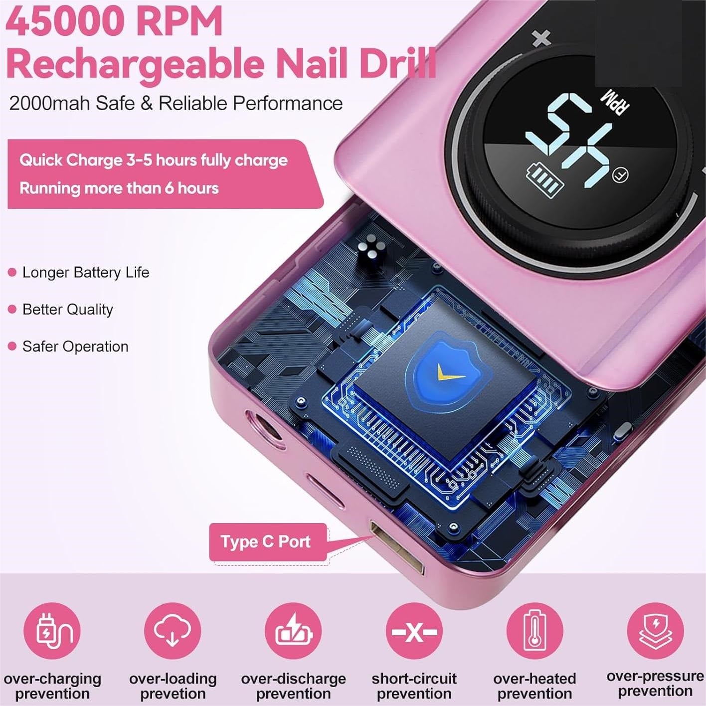 Portable Electric Nail Drill Manicure Pedicure Polishing Shape Tools for Nail Care Beauty Home Salon Use - 45000RPM, Purple