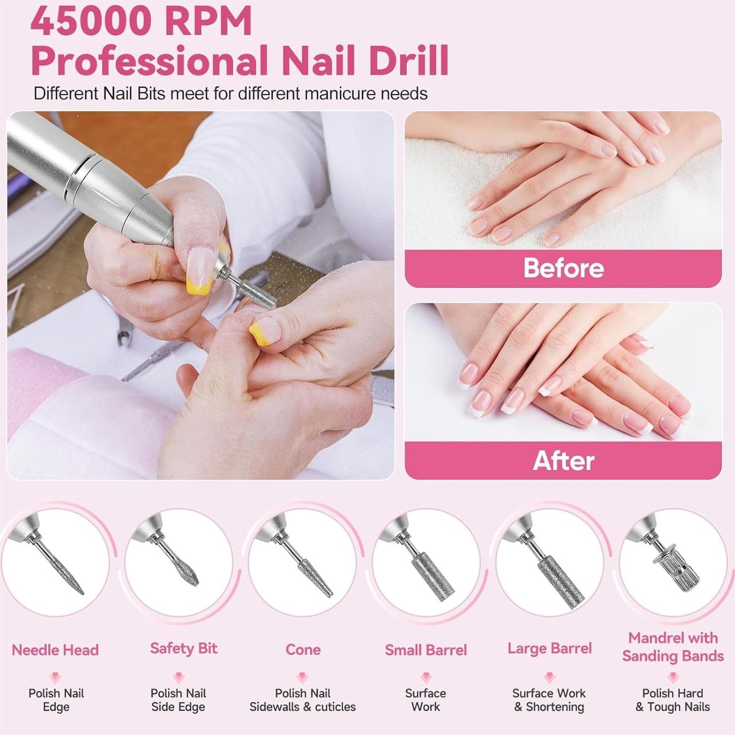 Portable Electric Nail Drill Manicure Pedicure Polishing Shape Tools for Nail Care Beauty Home Salon Use - 45000RPM, Purple