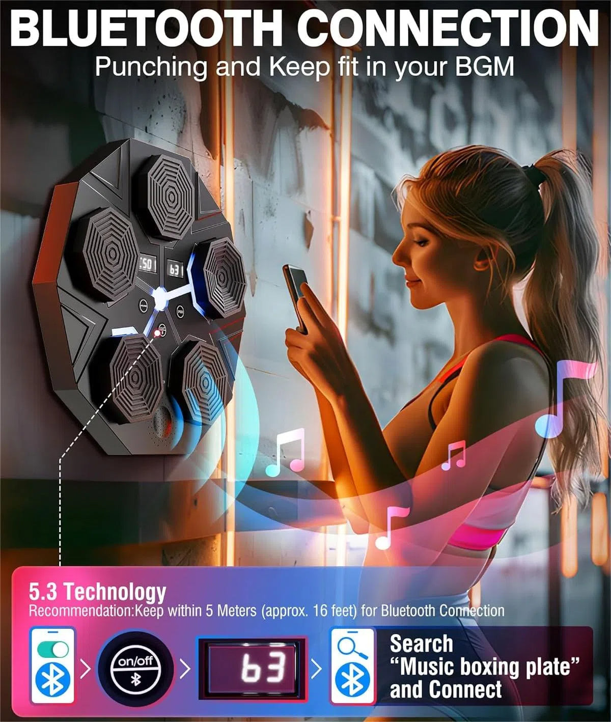 Music Boxing Machine for Adults, Smart Bluetooth Boxing Machine with Boxing Gloves, Wall Mounted Electronic Boxing Training Punching Equipment with Display Screen, Workout Machine for Home Indoor Gym