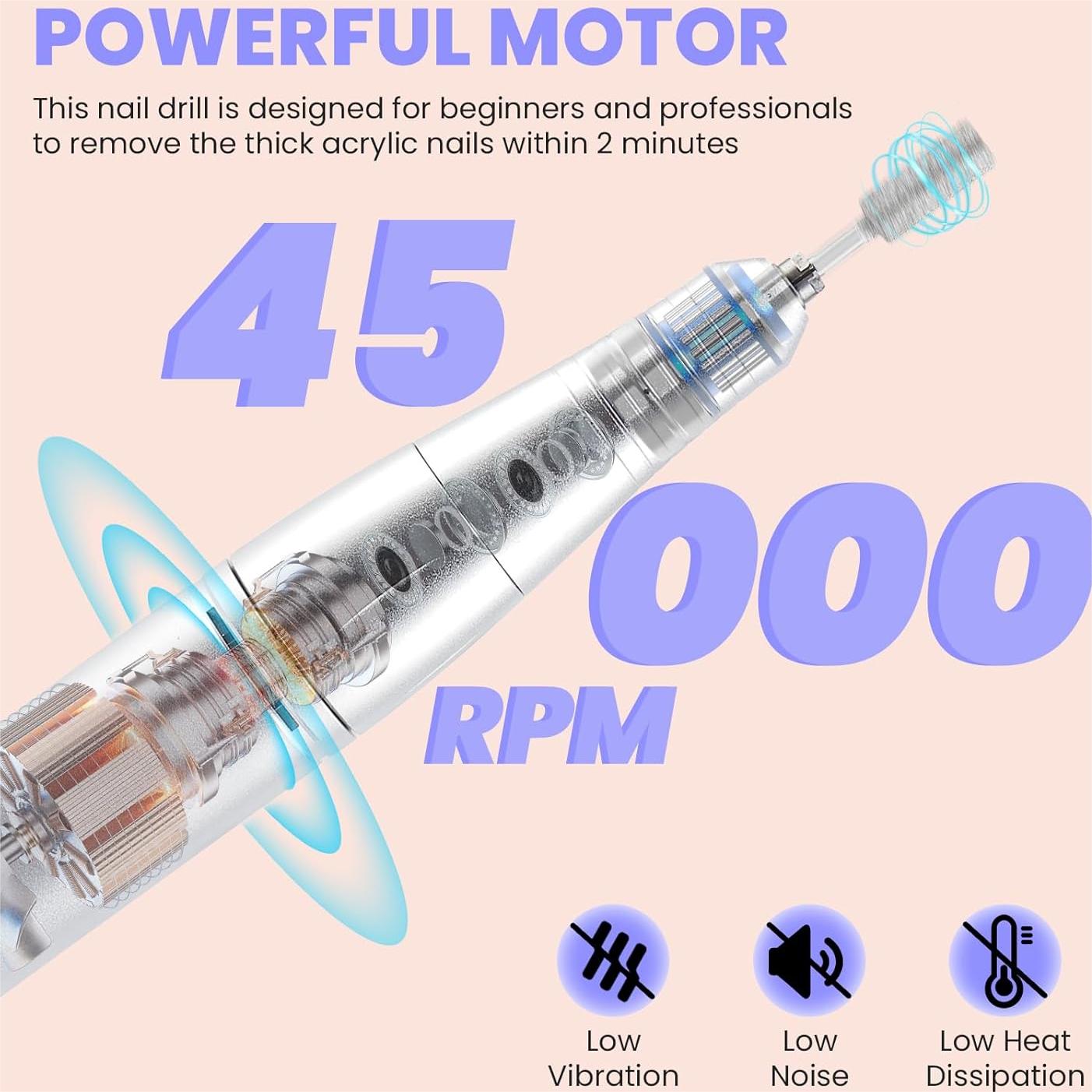 Portable Electric Nail Drill Manicure Pedicure Polishing Shape Tools for Nail Care Beauty Home Salon Use - 45000RPM, Purple