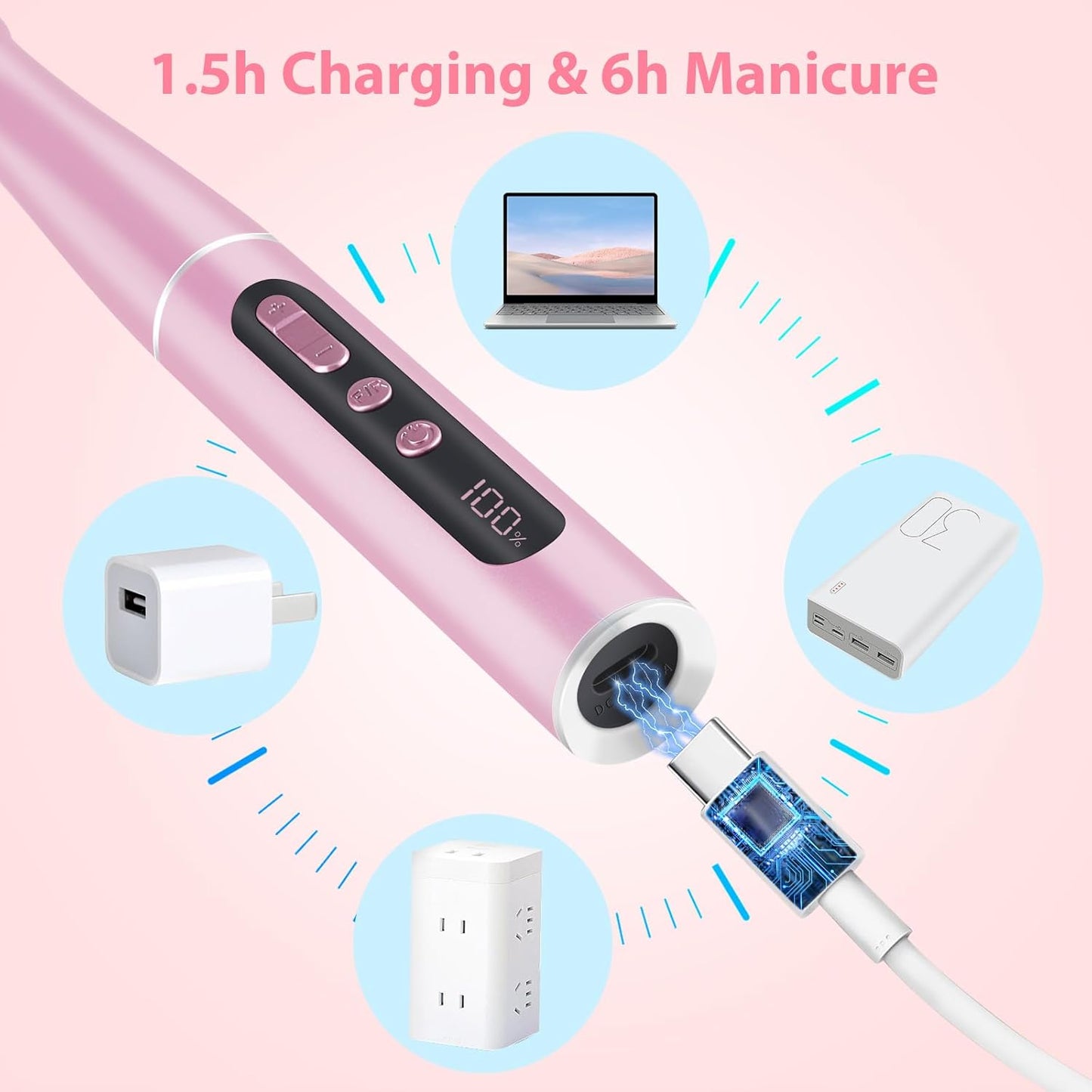 Portable Electric Nail Drill Manicure Pedicure Polishing Shape Tools for Nail Care Beauty Home Salon Use - 35000RPM, Pink