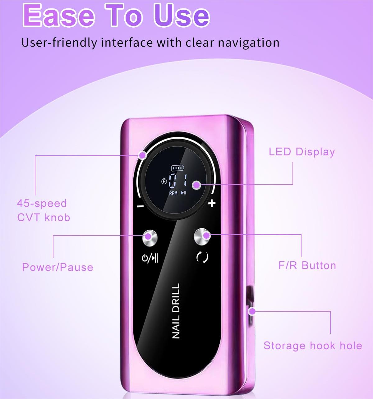 Portable Electric Nail Drill Manicure Pedicure Polishing Shape Tools for Nail Care Beauty Home Salon Use - 45000RPM, Purple