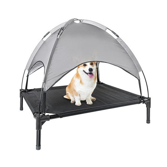 Outdoor Dog Bed with Canopy for Medium Large Dogs, Foldable Elevated Dog Bed, Textilene Mesh, Metal Frame for Indoors, Outdoors, Lawn