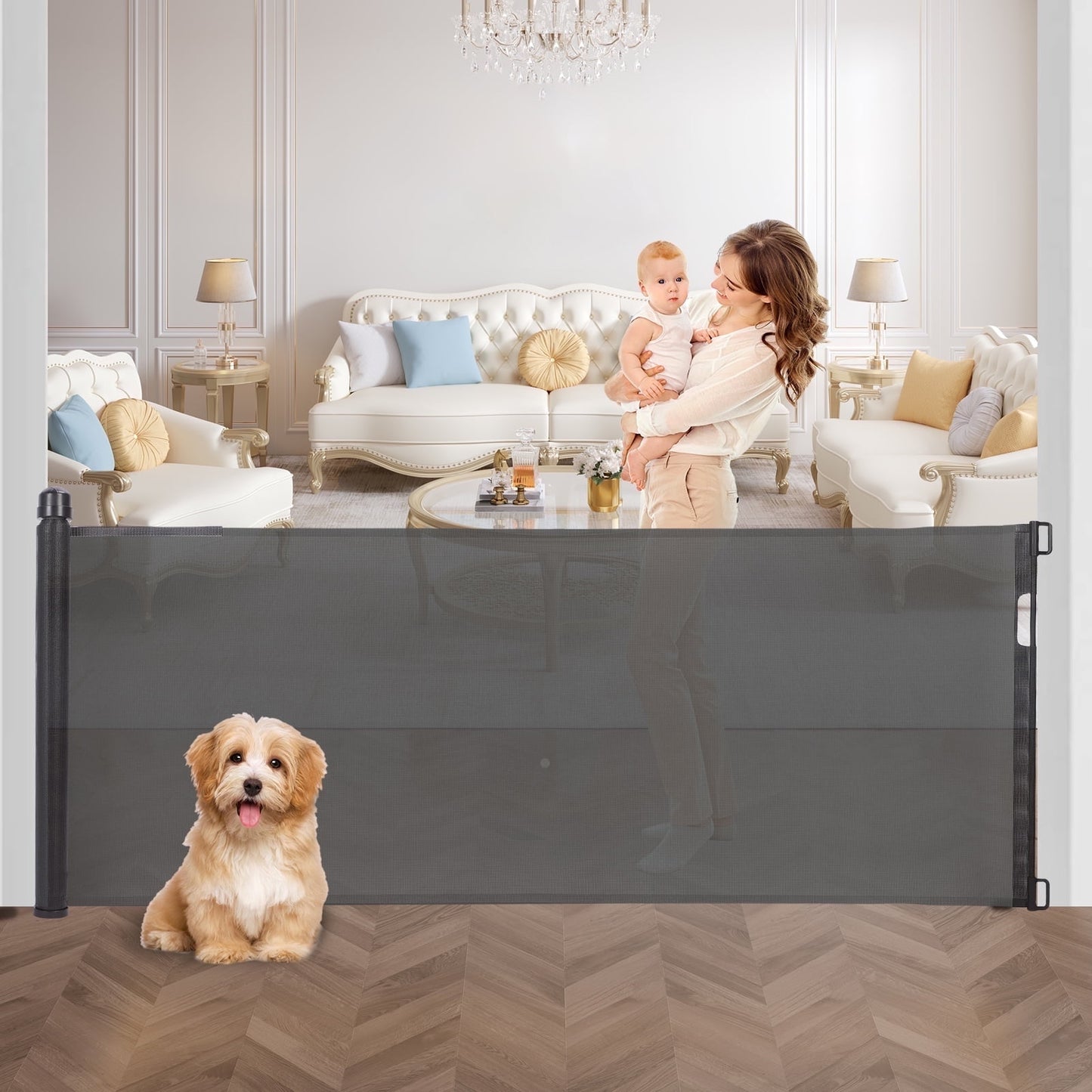 Retractable Baby Gate 35"x138" Extra Wide Mesh Dog Gate Child Safety Gate for Doorways, Indoor Outdoor Stairs, Black