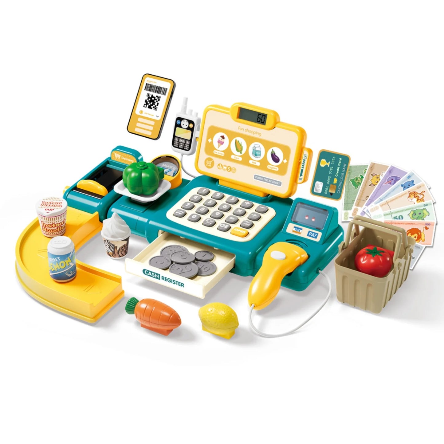 Toy Cash Register for Kids with Calculator, Light and Sound Scanner, Microphone, Pretend Play Shopping Food Toys - Cashier Playset Gifts for Ages 3-10