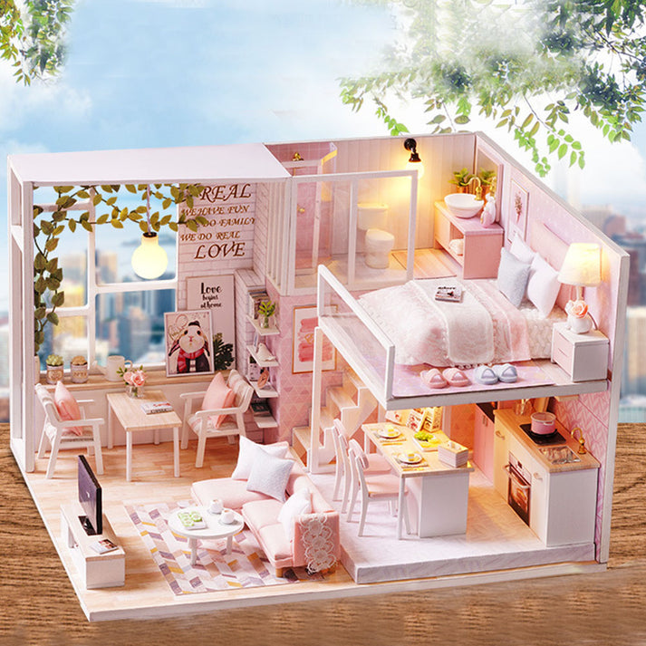 Dollhouse Miniature DIY House Kit Wooden Loft Doll House Apartment Pink Dollhouse Kit for Adults Teens Girls