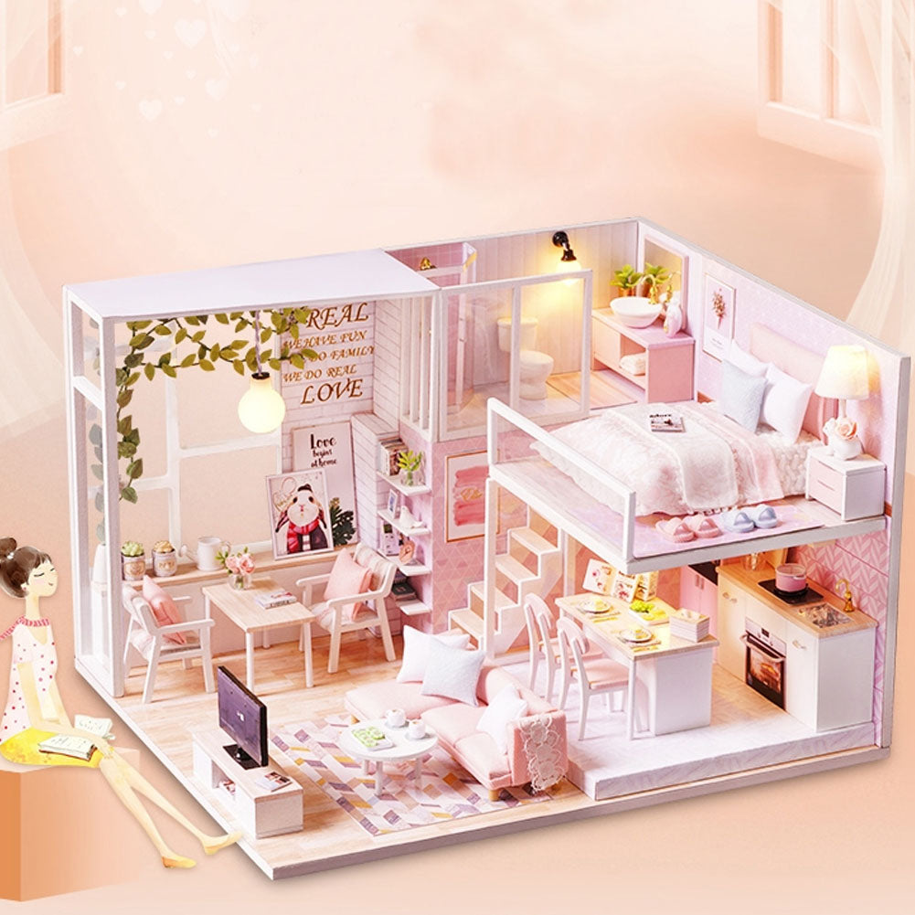 Miniature Dollhouse Kit with LED Light Furniture Wood DIY Mini Doll House Kit for Girls Adult Teens Kids Gift