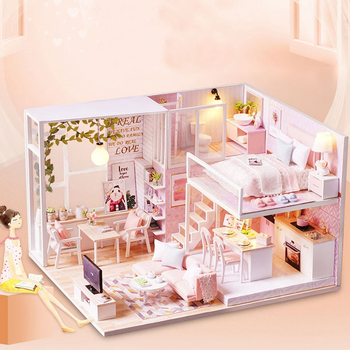 Dollhouse Miniature DIY House Kit Wooden Loft Doll House Apartment Pink Dollhouse Kit for Adults Teens Girls