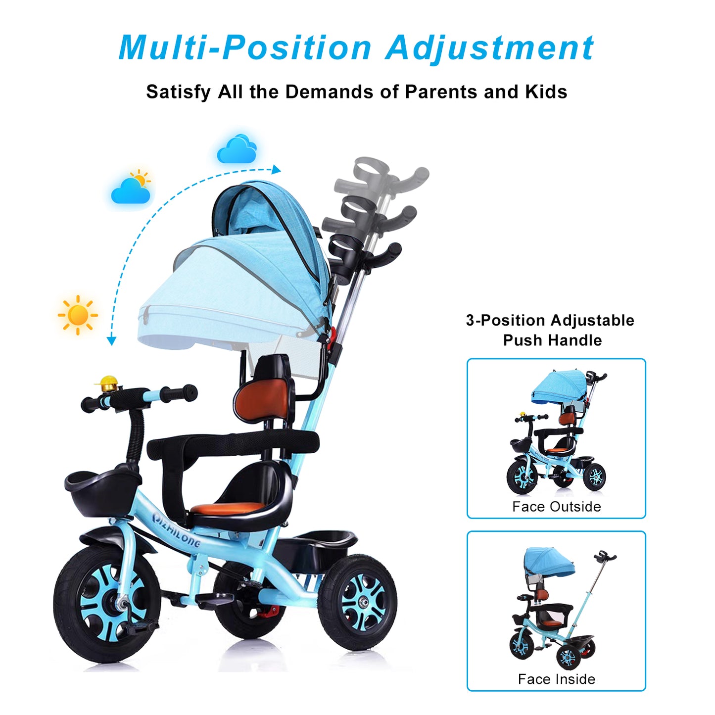 Toddler Tricycle for 1-4 Years Old, Kids Tricycle with Push Handle and Removable Canopy, Toddler Bike with Adjustable Seat, Bottle Cage, Bell, Adjustable Pedal and Storage Baskets for Girls Boys Kids