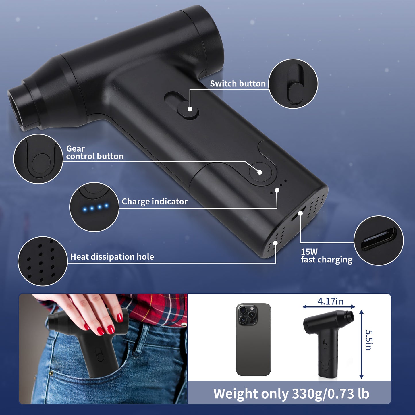 Cordless Compressed Air Duster, Replaces Air Cans, 110000RPM Computer Keyboard Dust Cleaner Blower For Electronic